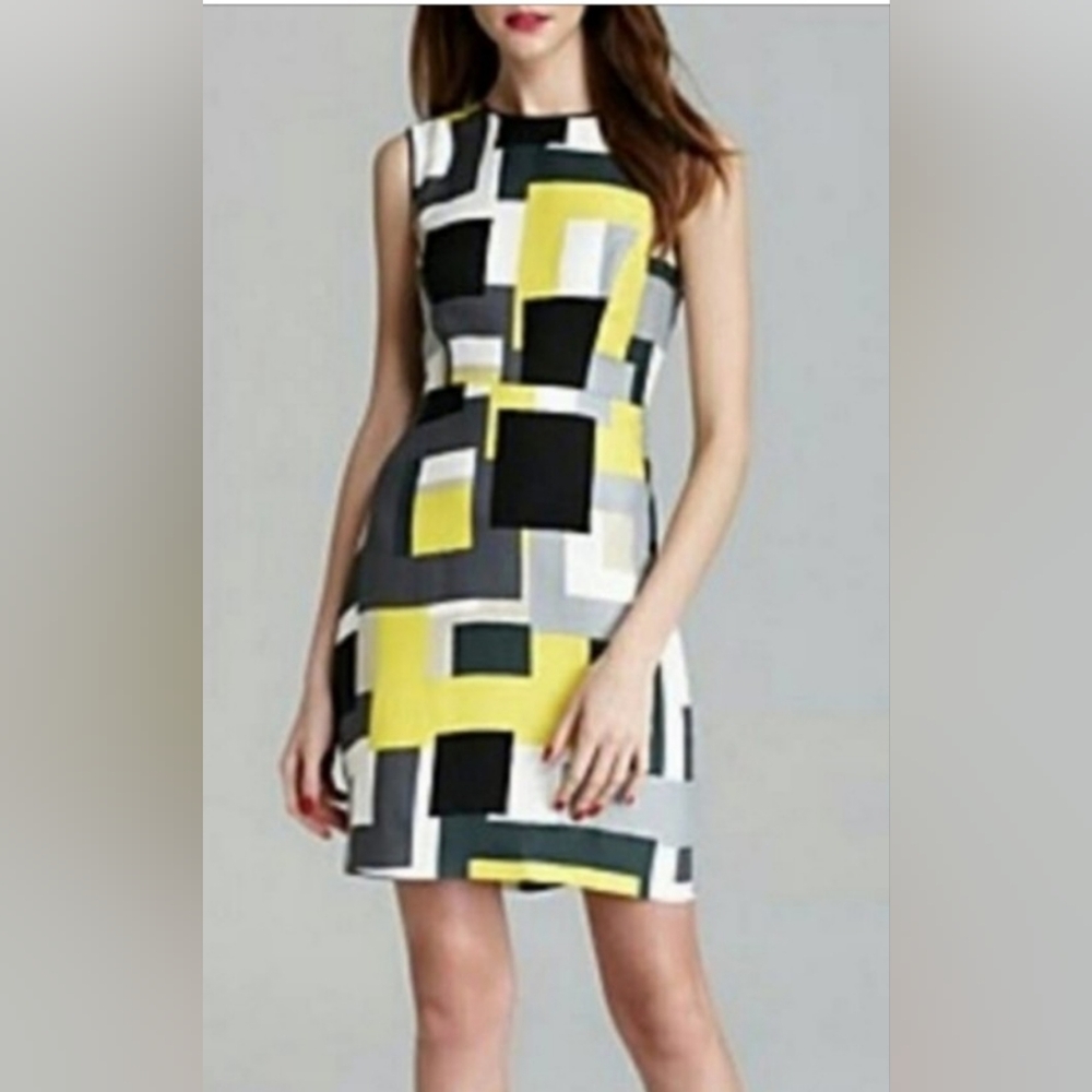 Kate Spade geometric shift dress yellow gray black pewter sz 6